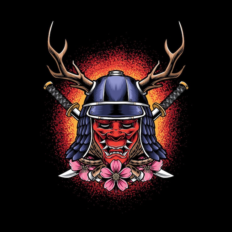 Free Vector oni mask with samurai helmet isolated on black