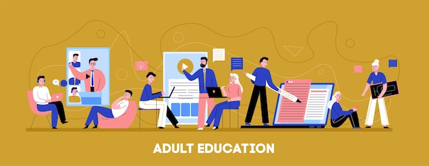 Banner di sfondo orizzontale piatto per l'educazione degli adulti online con coaching del tempo del livello di formazione audio video individuale