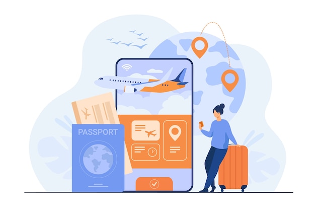 Онлайн-приложение для туризма. Путешественник с мобильным телефоном и бронированием паспорта или покупкой билета на самолет.