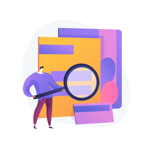 Free vector online archive, documents base, data storage. information search, personal records access. base user with magnifying glass cartoon character. vector isolated concept metaphor illustration.