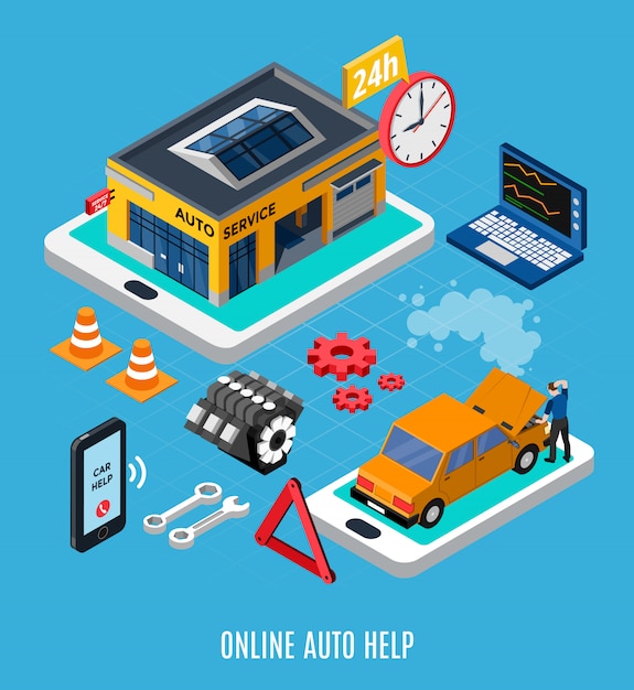 Online auto help isometric building with diagnostics computer vector illustration