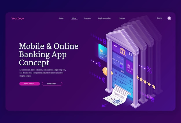 Free vector online banking mobile app isometric landing page