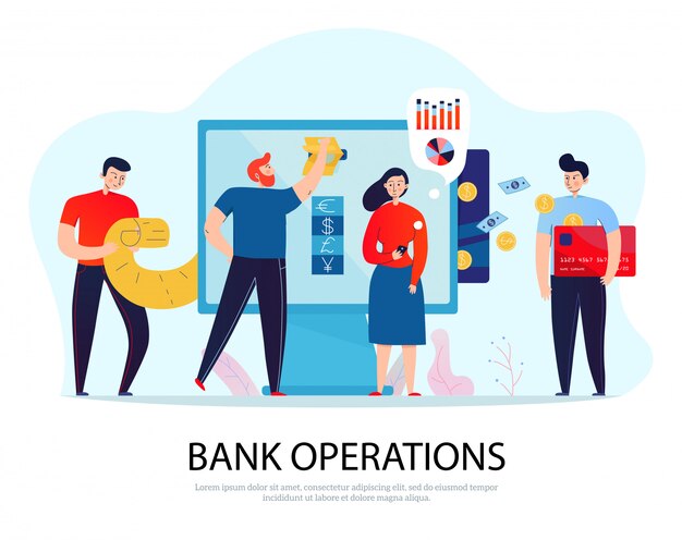 Online banking operations flat composition with people paying bills and managing their finance