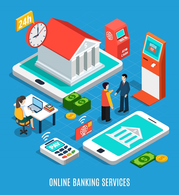 Free vector online banking services isometric composition