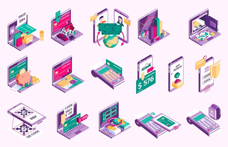 Free Vector online banking set with shopping and payment symbols isometric isolated vector illustration