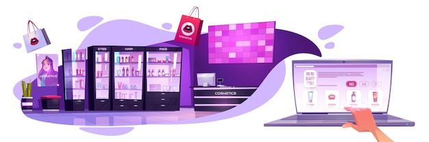 Banner di negozi di bellezza online. concetto di e-commerce, shopping mobile in internet. illustrazione del fumetto di vettore dell'interno del salone di bellezza e negozio online sullo schermo del laptop