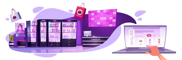 Бесплатное векторное изображение Интернет-магазины красоты баннер. понятие электронной коммерции, мобильных покупок в интернете. векторные иллюстрации шаржа интерьера косметического салона и интернет-магазина на экране ноутбука