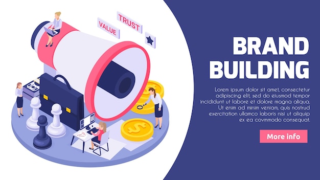 Online brand creating building company isometric illustration for web banner template with megaphone chess coins symbols