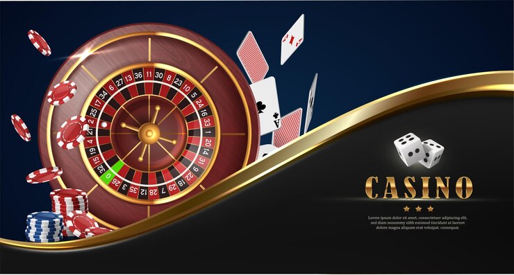 Online casino background with roulette wheel flying cards and poker chips