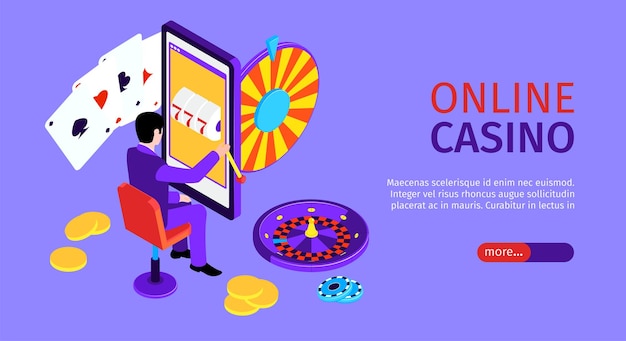 Free vector online casino horizontal website banner with editable text man playing gambling game poker roulette 3d isometric vector illustration