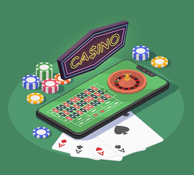 スマートフォンカードと緑の背景の3 dのギャンブルゲーム用チップのオンラインカジノ等尺性組成物
