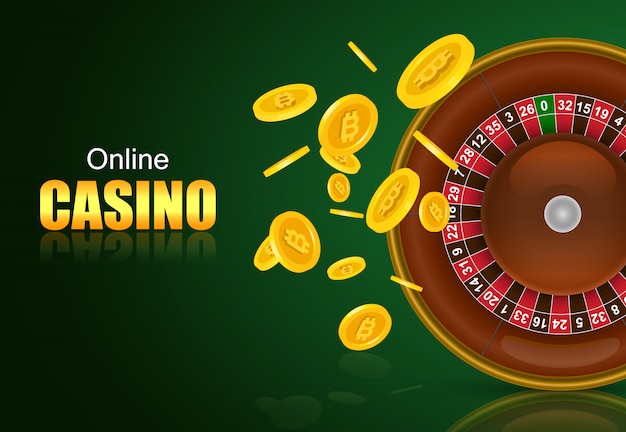 Free vector online casino lettering, roulette and flying golden coins. casino business advertising