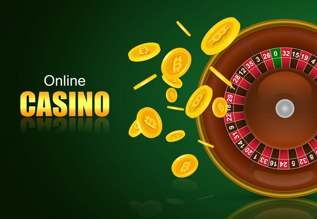 Online casino lettering, roulette and flying golden coins. Casino business advertising 