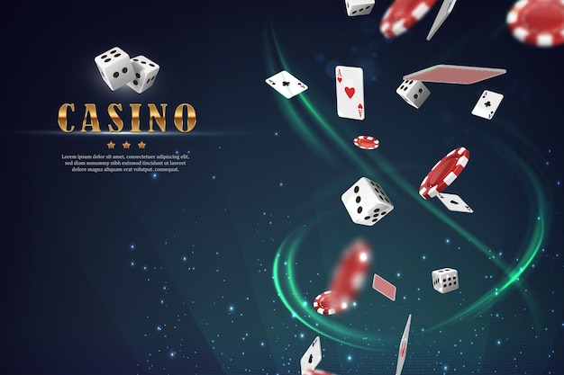 Vettore gratuito banner vettoriale del casinò online su sfondo scifi verde luminoso con carte da gioco, chip e dadi