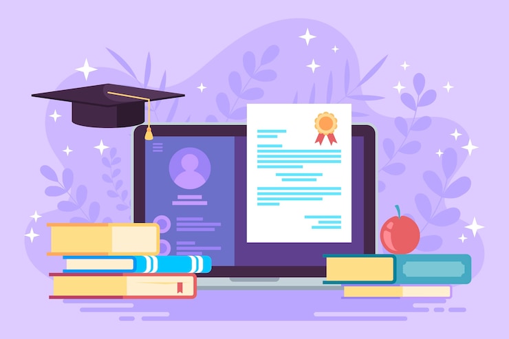 Free Vector online certification concept with books