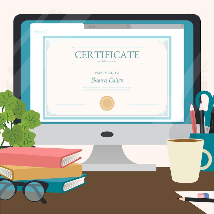 Free Vector online certification with books and glasses