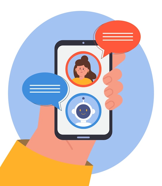 Free vector online chat between customer and bot in messenger. hand holding mobile phone with messages from chatbot on screen flat vector illustration. artificial intelligence, users support service concept