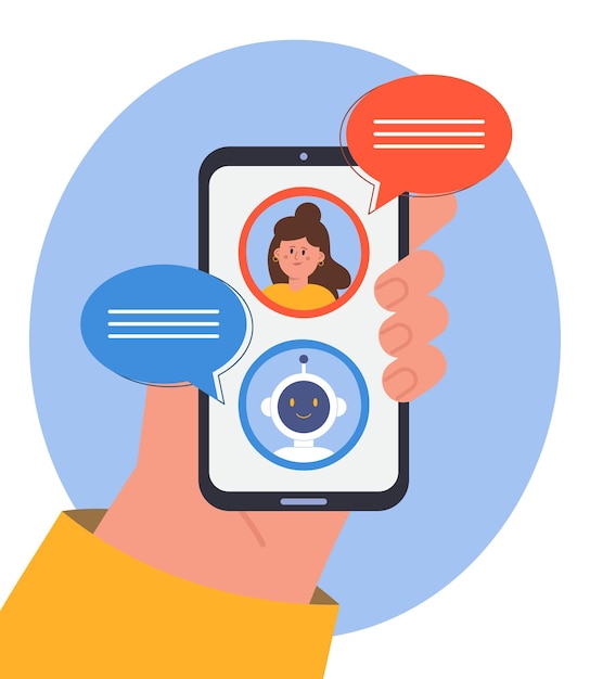 Online chat between customer and bot in messenger. Hand holding mobile phone with messages from chatbot on screen flat vector illustration. Artificial intelligence, users support service concept