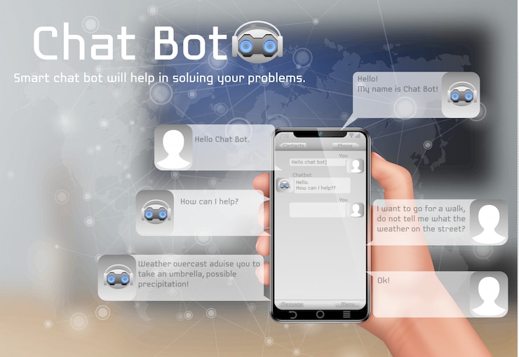 Free Vector online chatbot concept background. human hand holding smartphone