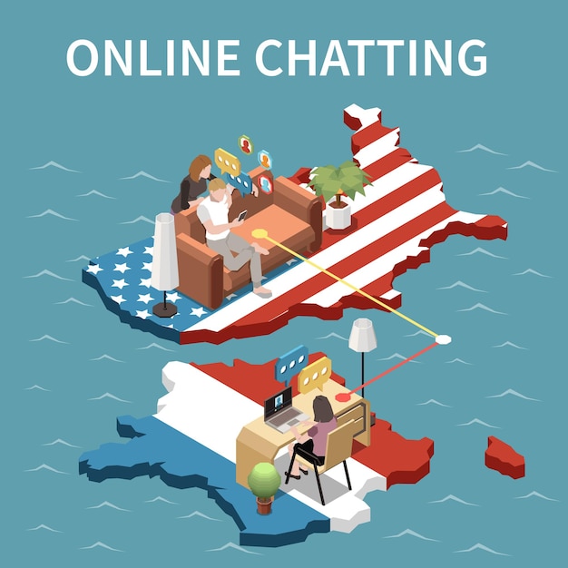 Free vector online chatting between young people living in russia and usa isometric illustration