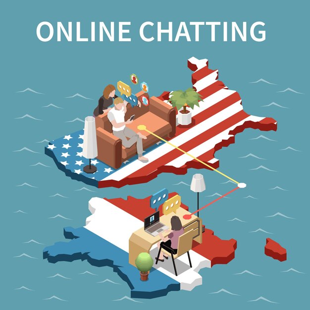 Online chatting between young people living in russia and usa isometric illustration