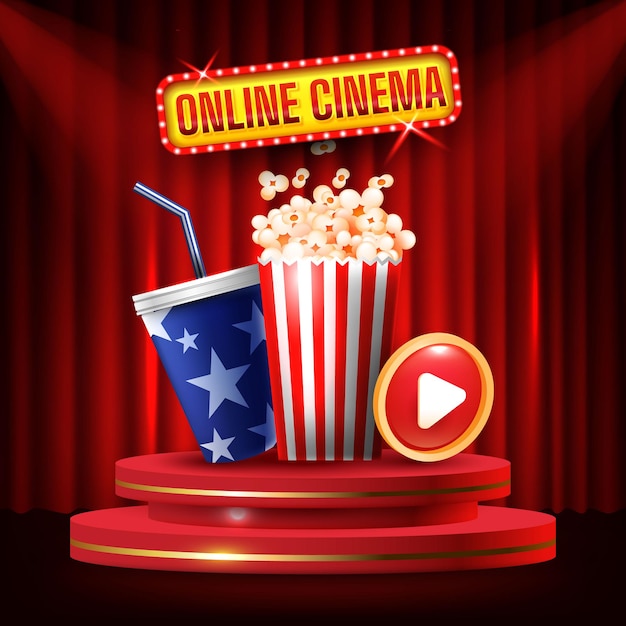 Online cinema banner, movie time with popcorn