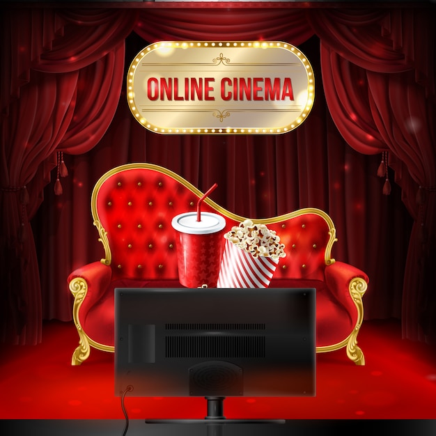 온라인 영화 개념. 팝콘과 음료를위한 플라스틱 컵의 양동이와 빨간 벨벳 소파