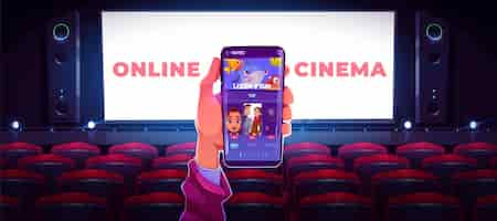 Free vector online cinema concept with human hand holding smartphone with application for watching movie in internet