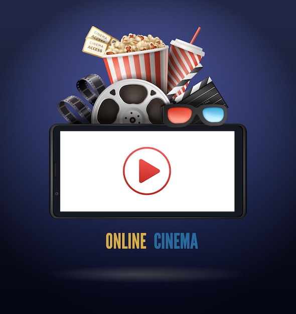 Online cinema realistic poster with play button on screen popcorn 3d glasses on dark blue background vector illustration