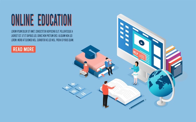 Online class by e-learning teleconference web video conference for education classroom, work from home, work from anywhere, new normal concept, isometric vector flat illustration