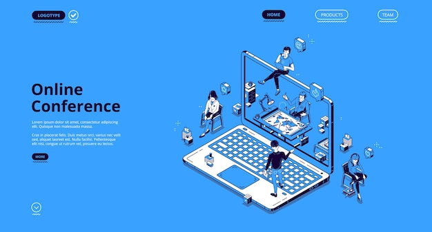 Free vector online conference isometric landing page, tiny business people communicate via internet video call at huge laptop. virtual meeting with colleagues, distant workplace