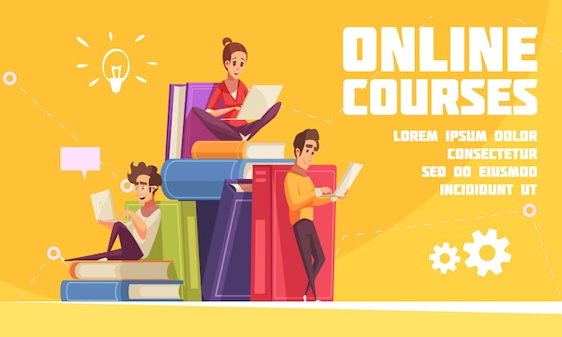 Online courses cartoon advertising web page with students sitting on books pile with laptops notebooks 