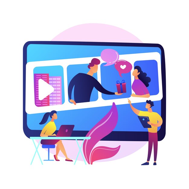 online courses. colorful cartoon characters watching video tutorial, business seminar. elearning, webinar, online learning. remote studying.