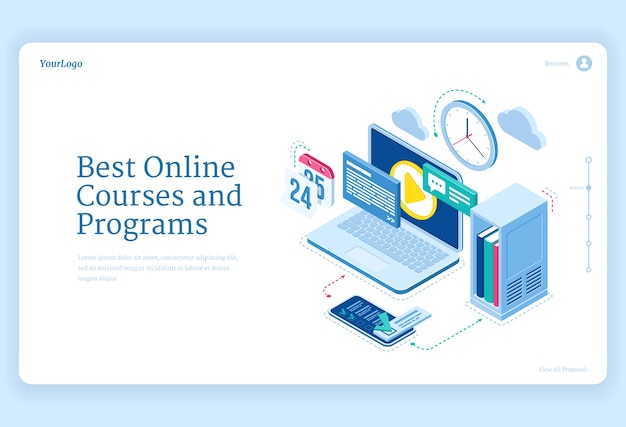 Online Courses And Programs Isometric Landing Page Equipment For Distant Education And Internet Studying