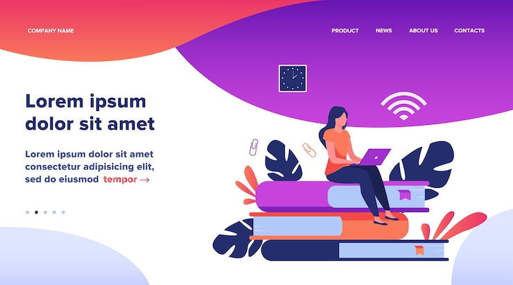 Free Vector online courses and student concept. woman sitting on stack of book and using laptop for studying in internet. flat vector illustration for distance learning, knowledge, school topics