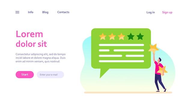 Online customer feedback. man applying rate stars to chat bubble. marketing, satisfaction, evaluation concept for website design or landing web page