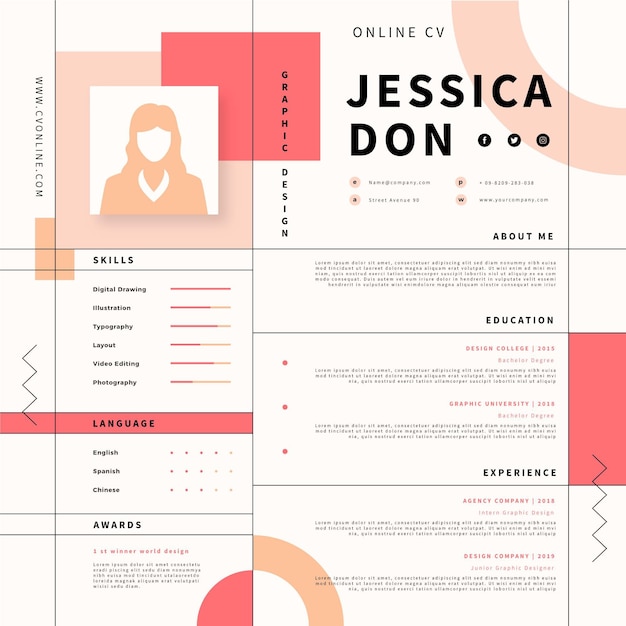 Free vector online cv with photo and minimalist elements