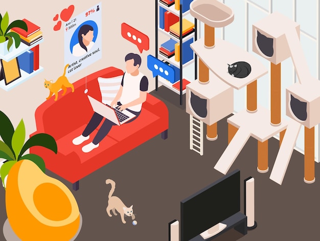 Online dating isometric illustration with man home on sofa messaging