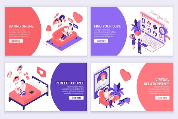 Online dating isometric illustrations website banner