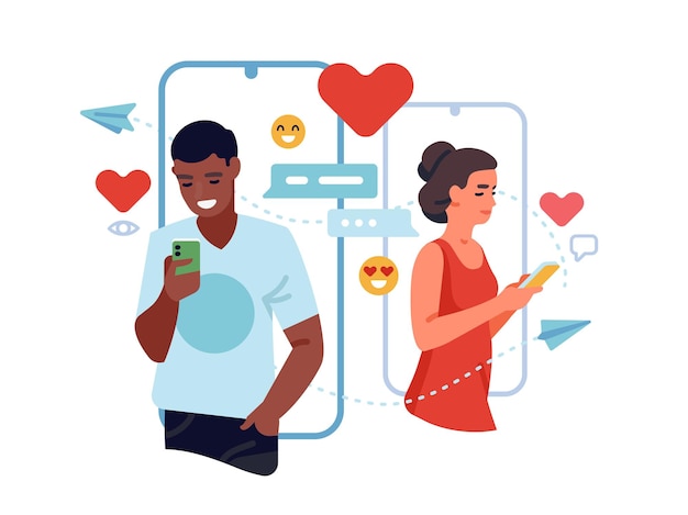 온라인 데이트 서비스. 전화 중매 앱, 소셜 네트워크에서 남자와 여자가 채팅하고 바람둥이를 하고 사랑과 관계를 검색합니다. 벡터 개념