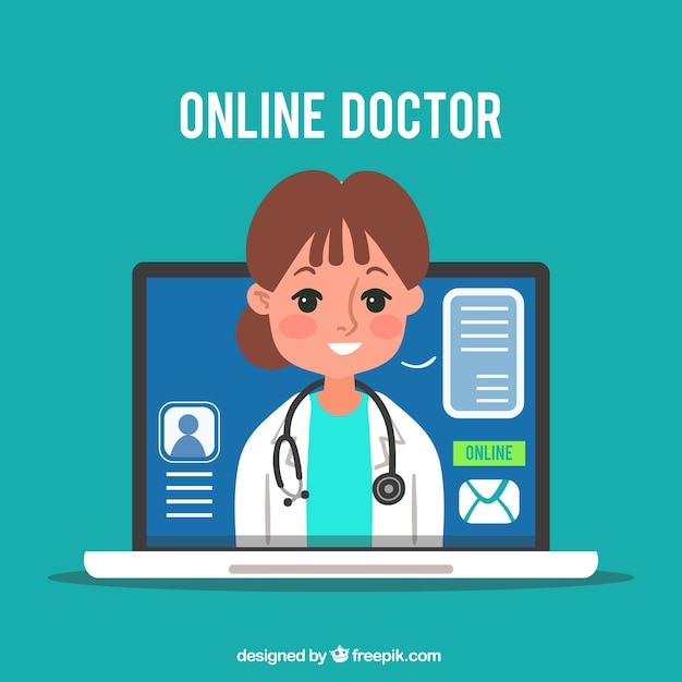 ノートパソコンで女性医師とオンライン医師の概念