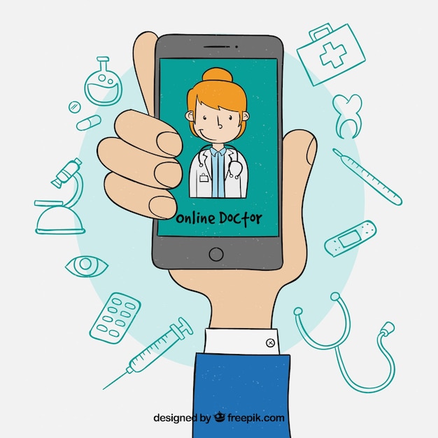 Free vector online doctor concept with hand holding smartphone