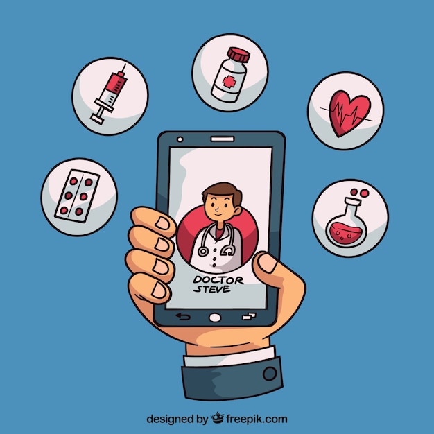 Free vector online doctor concept with smartphone and hand