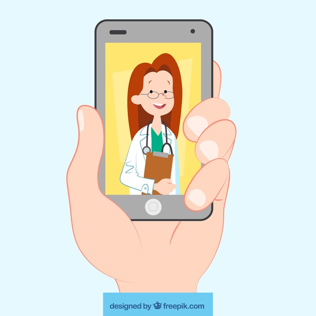 Online doctor concept with smartphone and hand