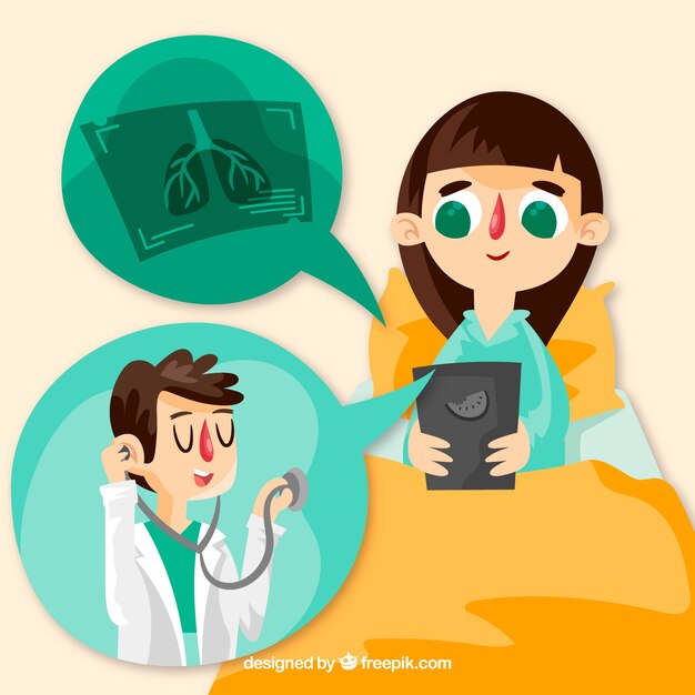 침대에서 스마트 폰 및 여자 온라인 의사 개념