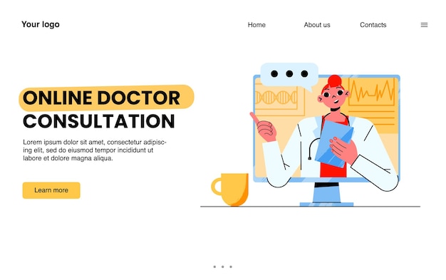 Online doctor consultation banner concept of telemedicine remote healthcare vector landing page of digital service for medical consult with flat illustration of woman physician on computer screen