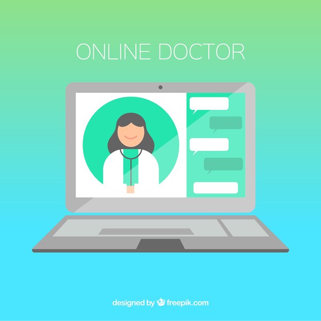 Дизайн онлайн-врача с плоским ноутбуком