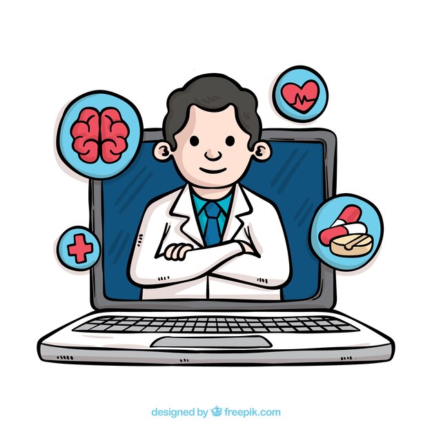 Online doctor design with hand drawn laptop