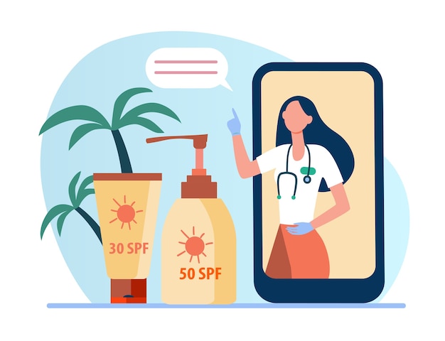 Online doctor recommending sunscreen. phone screen, bottle of sunblock, tube of lotion flat illustration.