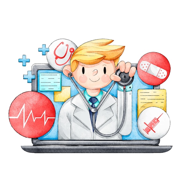 Medico online con lo stetoscopio illustrato